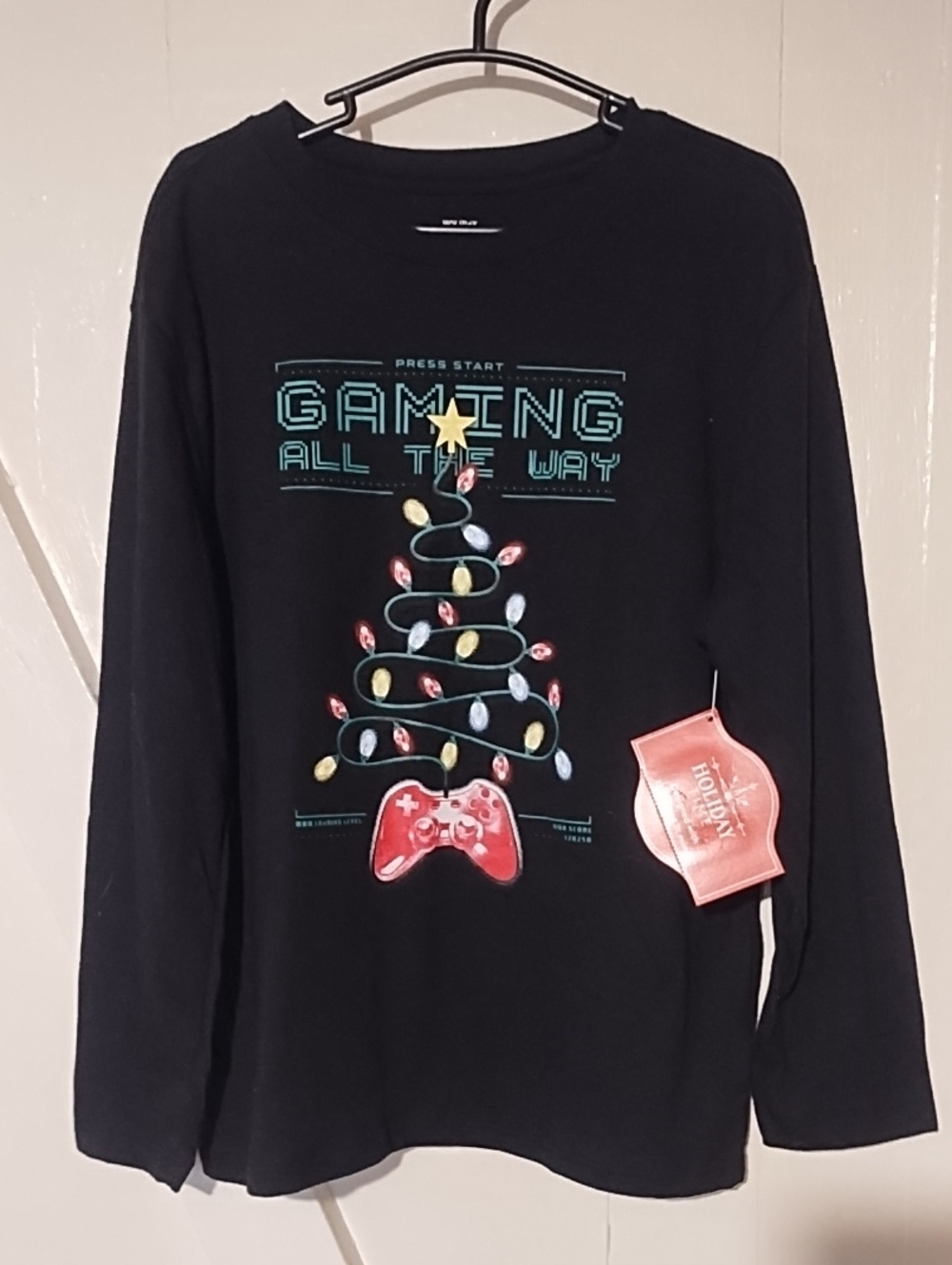 Holiday Time Black Long-Sleeve 'Gaming All The Way' Tee with Colorful Lights.